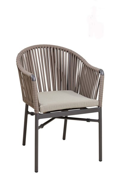 Gastronomie Terrassenstuhl Ramila-48 Taupe als moderner, wetterfester Outdoorstuhl mit Geflecht und Kissen auf Metallgestell