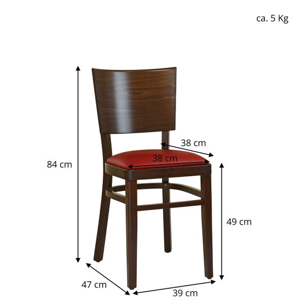 Muno-P mit Maßangaben: Höhe 84 cm, Sitzhöhe 49 cm, Breite 39 cm, Tiefe 47 cm, Sitzfläche 38×38 cm; roter Polstersitz.