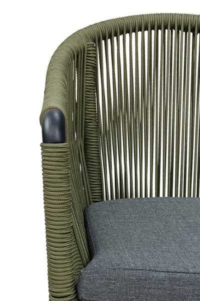 Ramila-TRR Green Terrassenstuhl mit beigem Aluminiumgestell und Textilen-Rücken, stapelbar und wetterfest für Gastronomie Detailansicht Geflecht & Sitzfläche