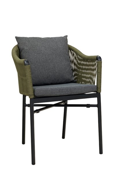 Ramila-TRR Green Terrassenstuhl mit beigem Aluminiumgestell und Textilen-Rücken, stapelbar und wetterfest für Gastronomie mit Sitzkissen