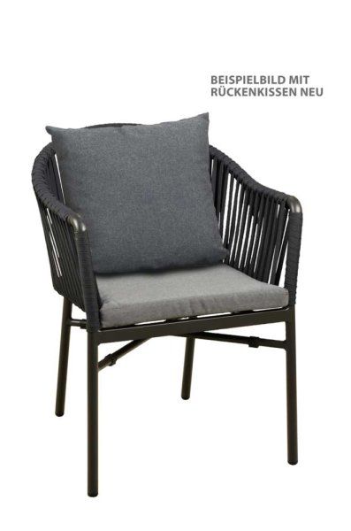 Ramila-48 Tiffany Terrassenstuhl mit beigem Aluminiumgestell und Textilen-Rücken, stapelbar und wetterfest für Gastronomie Detailansicht mit Sitzkissen