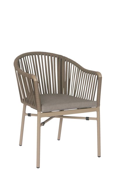 Ramila-48 Brown Terrassenstuhl mit beigem Aluminiumgestell und Textilen-Rücken, stapelbar und wetterfest für Gastronomie