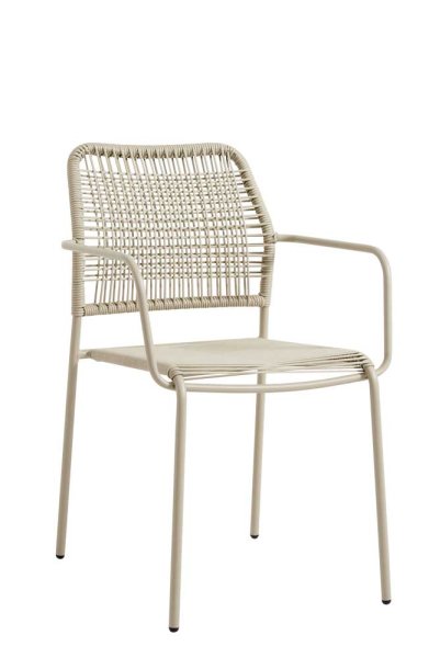 Outdoorstuhl Cordone Greige mit Stahlgestell und naturfarbenem Kunststoffgeflecht für den Außenbereich