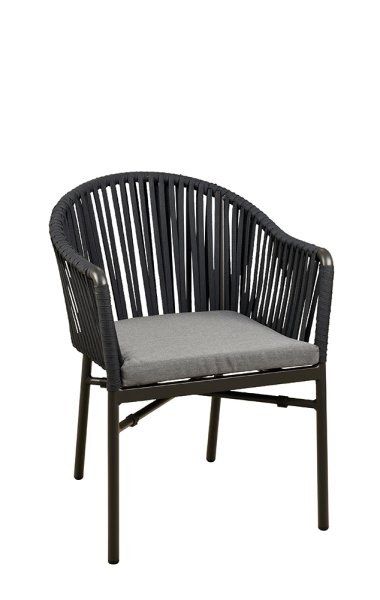 Terrassenstuhl Ramila-48 Dark Grey mit beigem Aluminiumgestell und Textilen-Rücken, stapelbar und wetterfest für Gastronomie