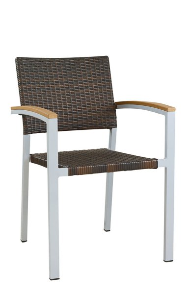 Terrassenstuhl Verbania Burned mit braunem Rattan-Geflecht, weißem Gestell und Armlehnen in Holzoptik