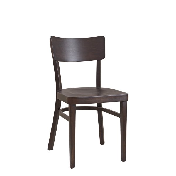 Holzstuhl Lugona, Vorderansicht: klassischer Restaurantstuhl aus dunkel gebeiztem Holz mit breiter Rückenlehne.