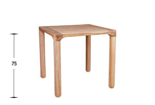 Quadratischer Outdoor-Tisch Zubella 80 aus Holz mit Maßangabe 75 cm Höhe, frontal fotografiert
