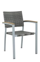 Terrassenstuhl Verbania Mixed Grey mit Rattan-Geflecht, weißem Gestell und Armlehnen in Holzoptik Terrassenstuhl Verbania Mixed Grey mit Rattan-Geflecht, weißem Gestell und Armlehnen in Holzoptik