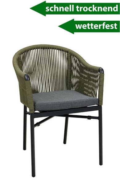 Ramila-TRR Green Terrassenstuhl mit beigem Aluminiumgestell und Textilen-Rücken, stapelbar und wetterfest für Gastronomie