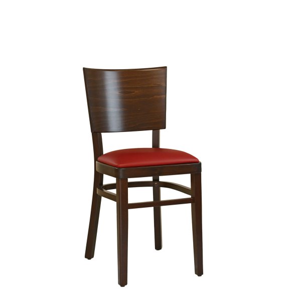 Holzstuhl Muno-P, Vorderansicht: dunkles Holz, breite Rückenlehne, roter Polstersitz – als Bistro- und Restaurantstuhl.