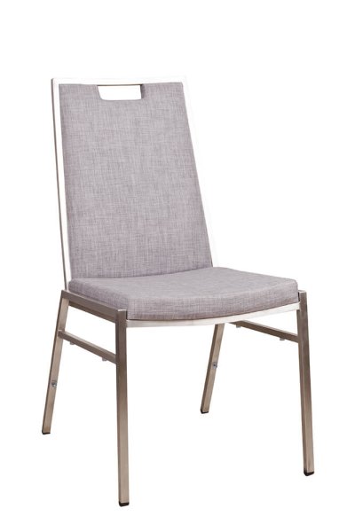 Bankettstuhl Arano mit Metallgestell und grauer Polsterung, stapelbar