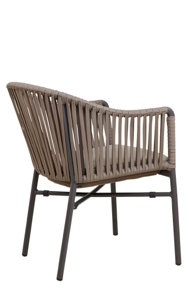 Gastronomie Terrassenstuhl Ramila-48 Taupe als moderner, wetterfester Outdoorstuhl mit Geflecht und Kissen auf Metallgestell Rückenansicht