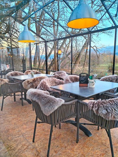 Gastronomie Terrassenstuhl Ramila-48 Taupe als moderner, wetterfester Outdoorstuhl mit Geflecht und Kissen auf Metallgestell im Gasthof zum Anker | Bad Staffelstein