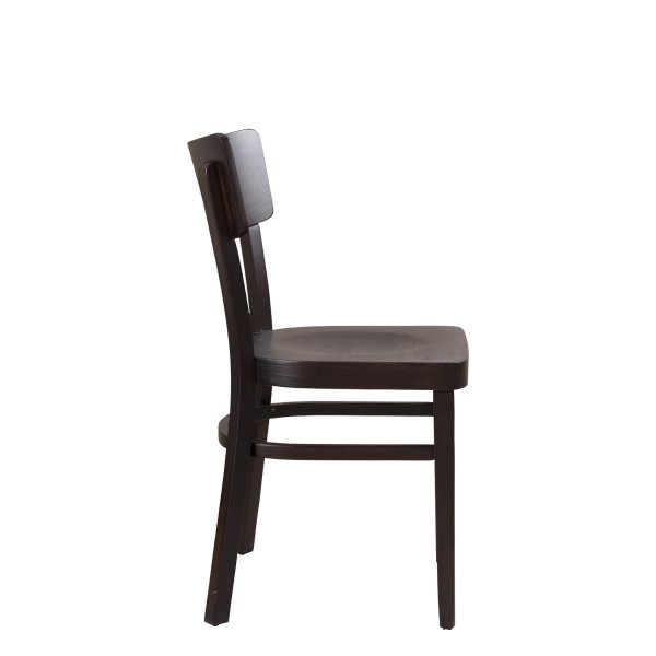 Holzstuhl Lugona, Seitenansicht: geformte Rückenlehne, Sitzmulde und Fußstreben aus dunkelbraunem Holz für Restaurants.