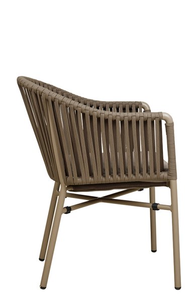 Ramila-48 Brown Terrassenstuhl mit beigem Aluminiumgestell und Textilen-Rücken, stapelbar und wetterfest für Gastronomie Seitenansicht