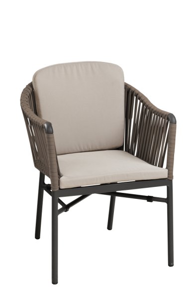 Gastronomie Terrassenstuhl Ramila-48 Taupe als moderner, wetterfester Outdoorstuhl mit Geflecht und Kissen auf Metallgestell mit Rückenkissen