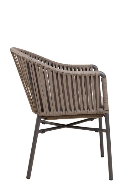 Gastronomie Terrassenstuhl Ramila-48 Taupe als moderner, wetterfester Outdoorstuhl mit Geflecht und Kissen auf Metallgestell Seitenansicht