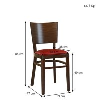 Holzstuhl Muno-P, Vorderansicht: dunkles Holz, breite Rückenlehne, roter Polstersitz – als Bistro- und Restaurantstuhl. Holzstuhl Muno-P, Vorderansicht: dunkles Holz, breite Rückenlehne, roter Polstersitz – als Bistro- und Restaurantstuhl.