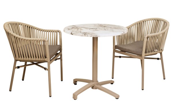 Ramila Macchiato Terrassenstuhl mit beigem Aluminiumgestell und Textilen-Rücken, stapelbar und wetterfest für Gastronomie in Sitzgruppe um Tisch