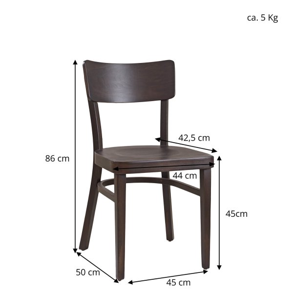 Holzstuhl Lugona mit Maßangaben: Höhe 86 cm, Sitzhöhe 45 cm, Sitzbreite 44 cm, Sitztiefe 42,5 cm.